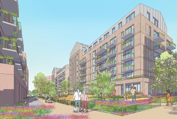 Timber Mills View of new public open space and apartments along central green spine. Picture: Castel
