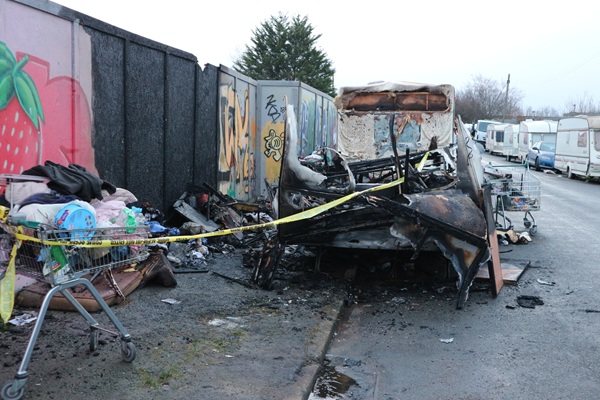 The remains of the caravan on Goodneston Road, Fishponds, destroyed in an arson attack on January 6, 2026
